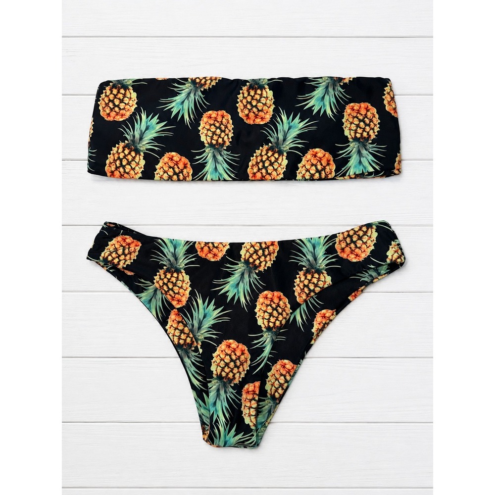 Zaful Bikini Set Pineapple Print Bandeau Strapless High Cut Leg Tropical Black M